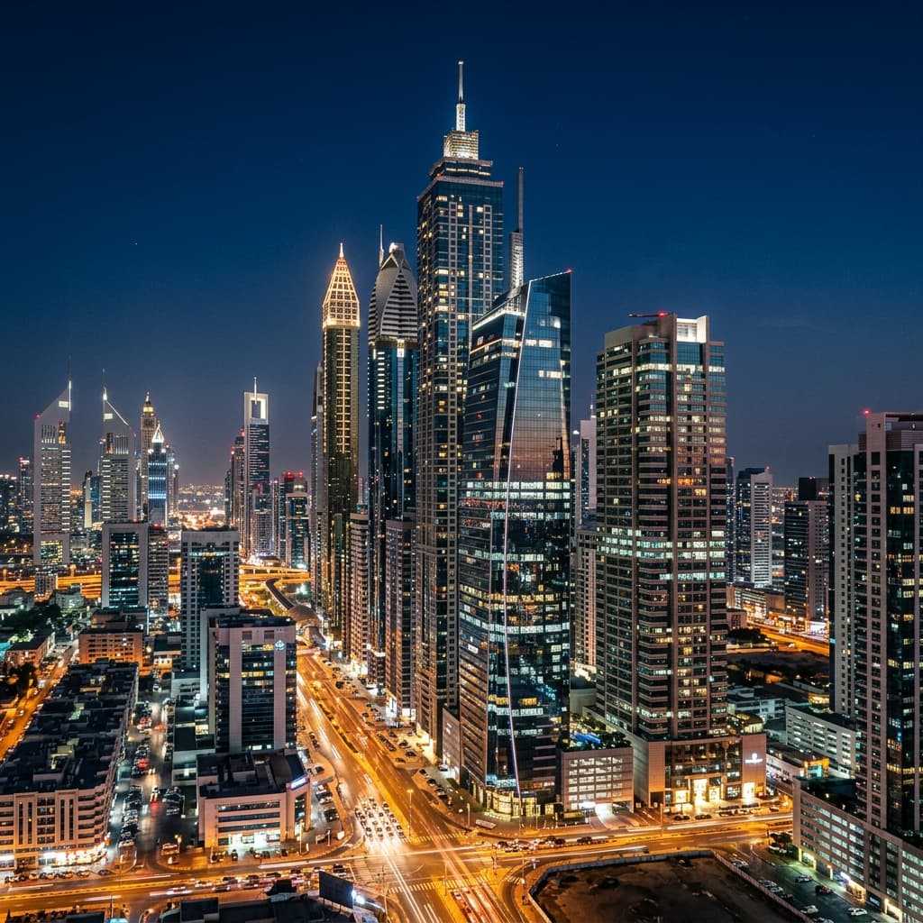 City Skyscrapers Lit Up At Night