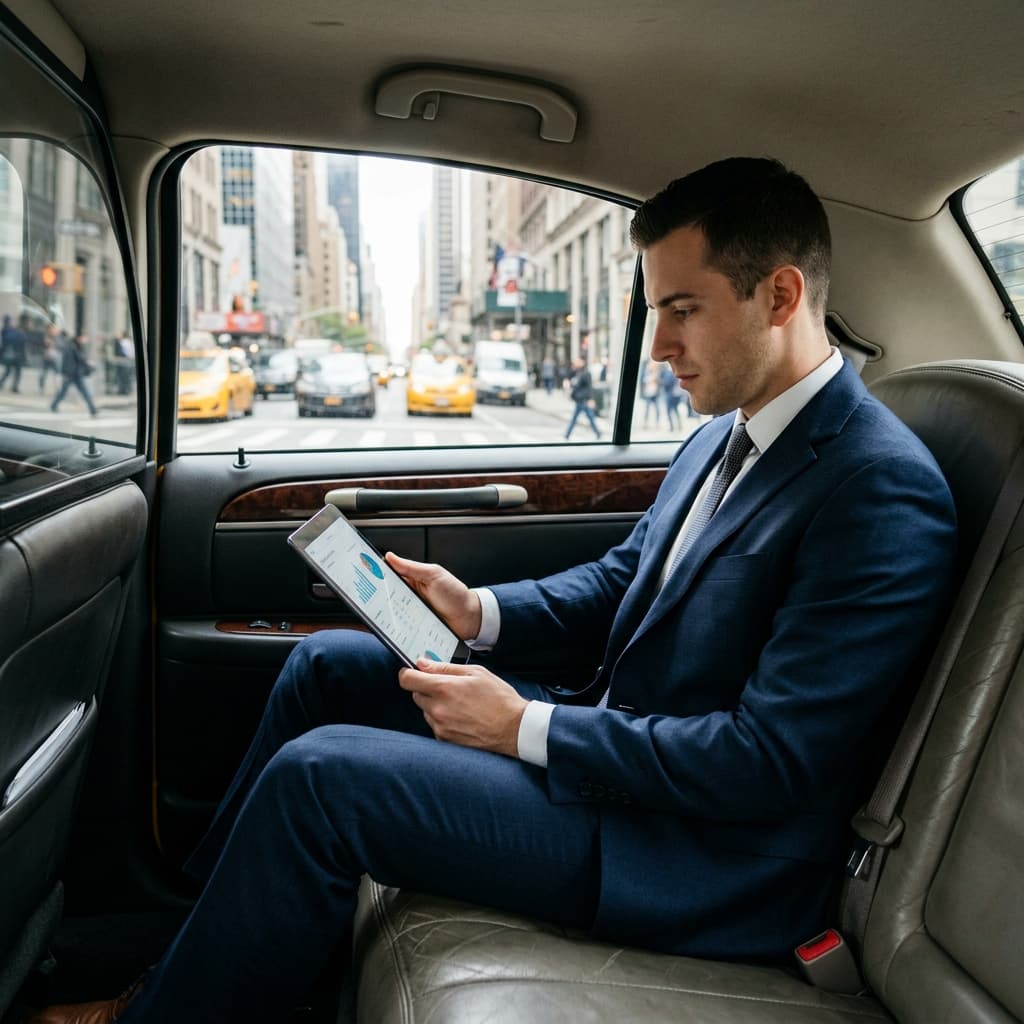 Businessman inside cab using tablet
